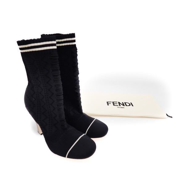 Fendi Black Stretch Knit Pull On Heeled Ankle Boots EU 37 - Picture 11 of 11